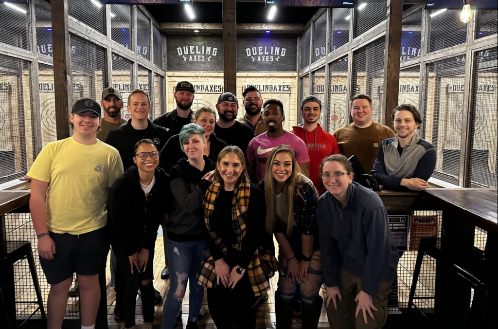 group of friends enjoying a night out in columbus ohio's best axe throwing lounge